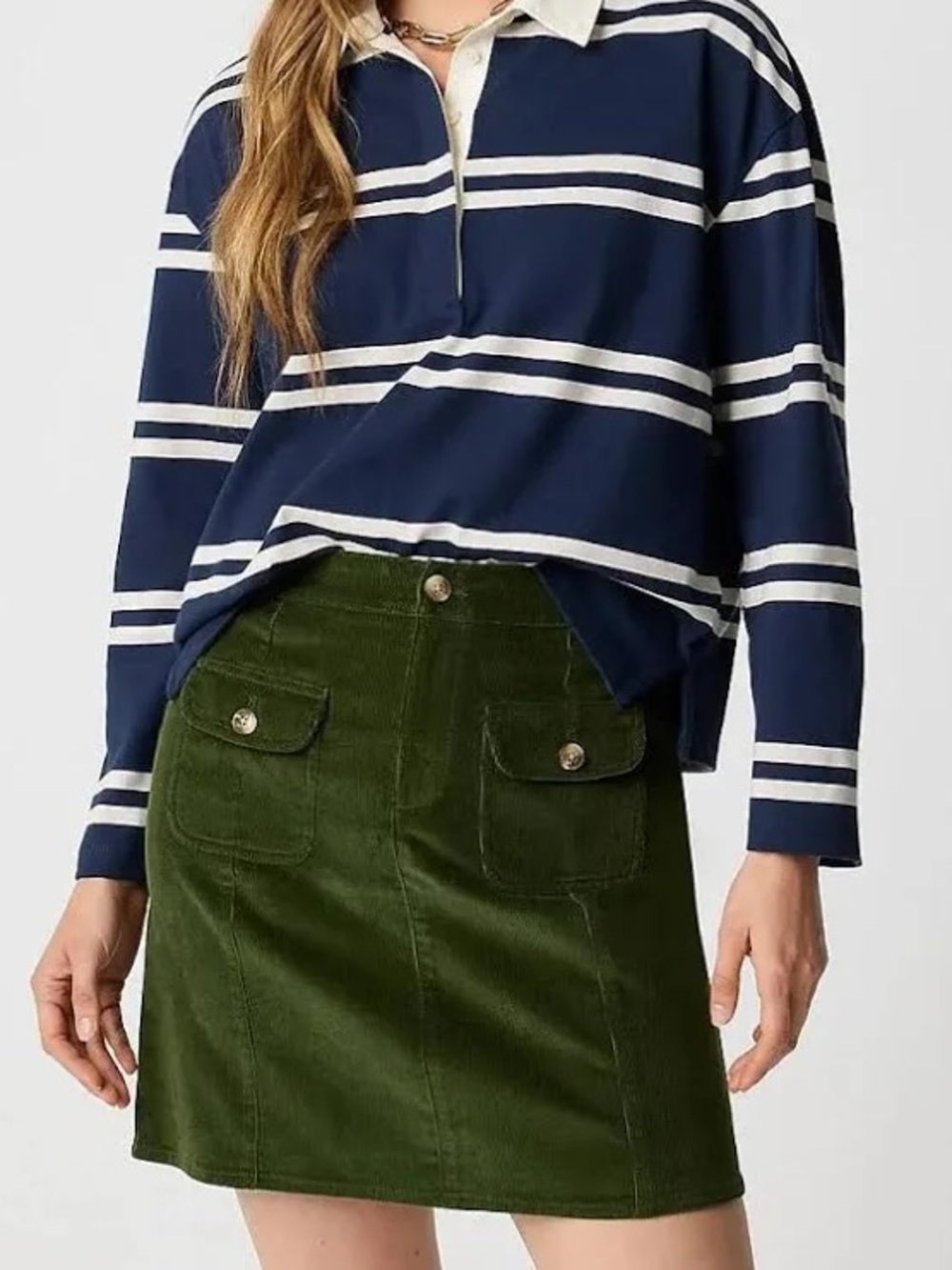 J. Crew Factory Olive Corduroy A-Line Mini Skirt with Front Flap Pockets